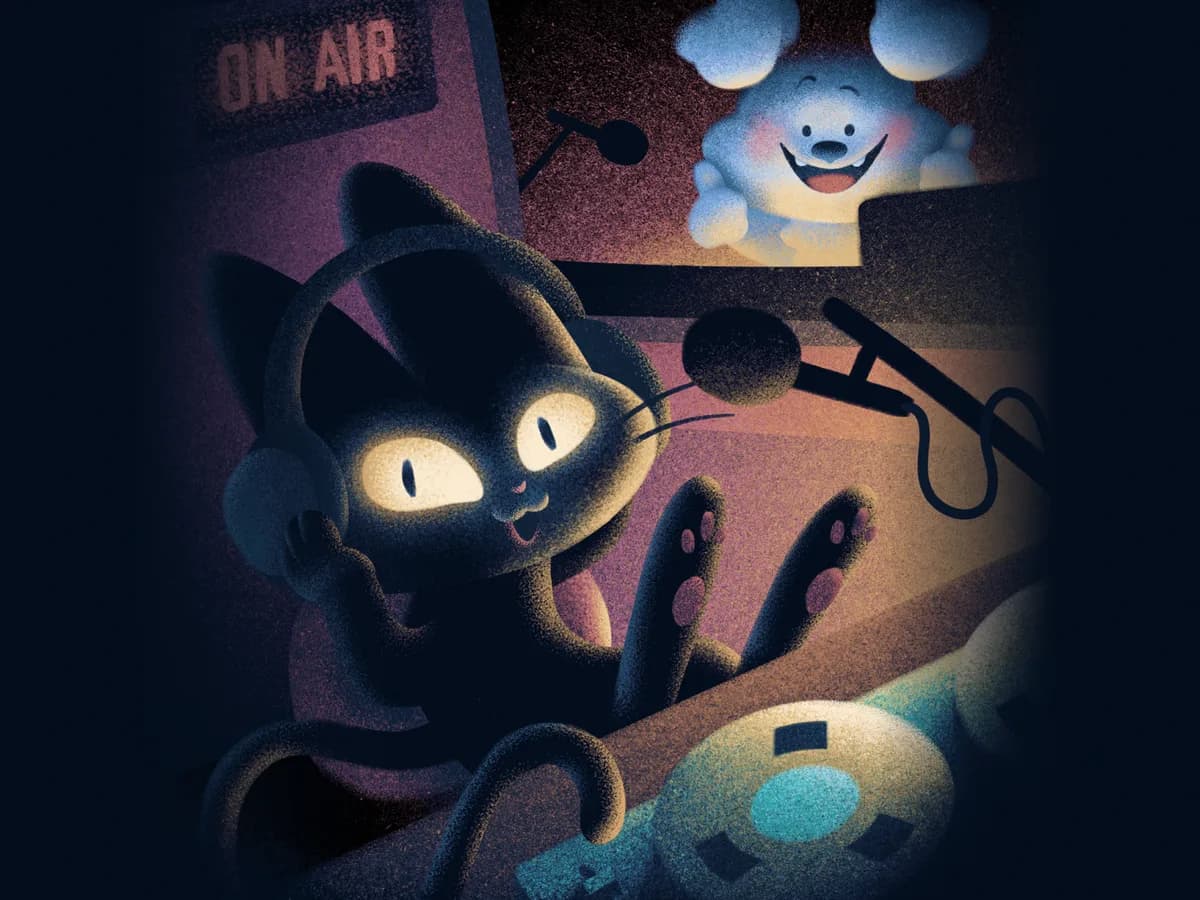 Illustration of a cat in headphones recording at a microphone under an On Air sign, with a Hatch lamp glowing nearby
