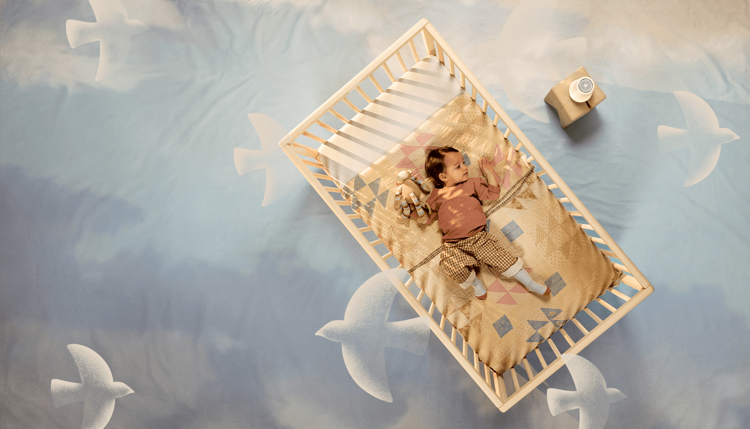 Baby in bassinet with Rest playing bird chirping sleep sounds