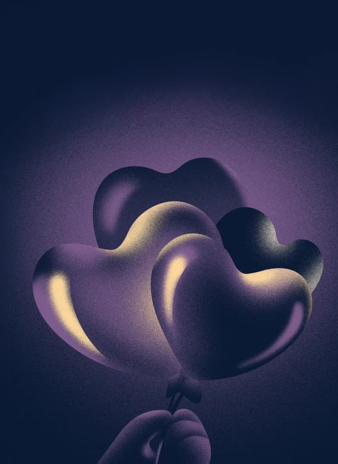 Stylized illustration of a hand holding heart shaped balloons