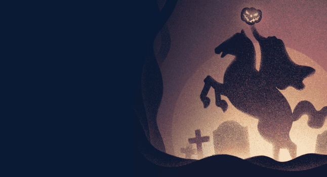Headless horseman in a graveyard background